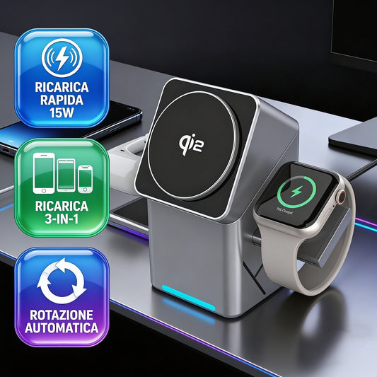 HYPERCUBE-Stazione di ricarica wireless 3 in 1 per iPhone , Apple Watch e AirPods Ricarica rapida , supporto con rotazione automatica